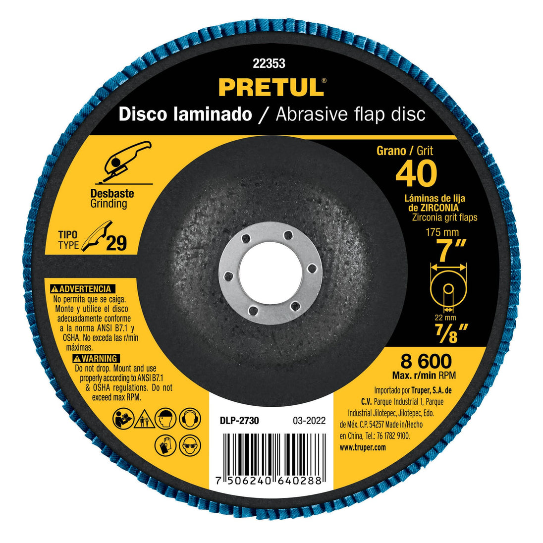 DLP-2730 Disco laminado 7", grano 40 centro 7/8", fibra, PRETUL