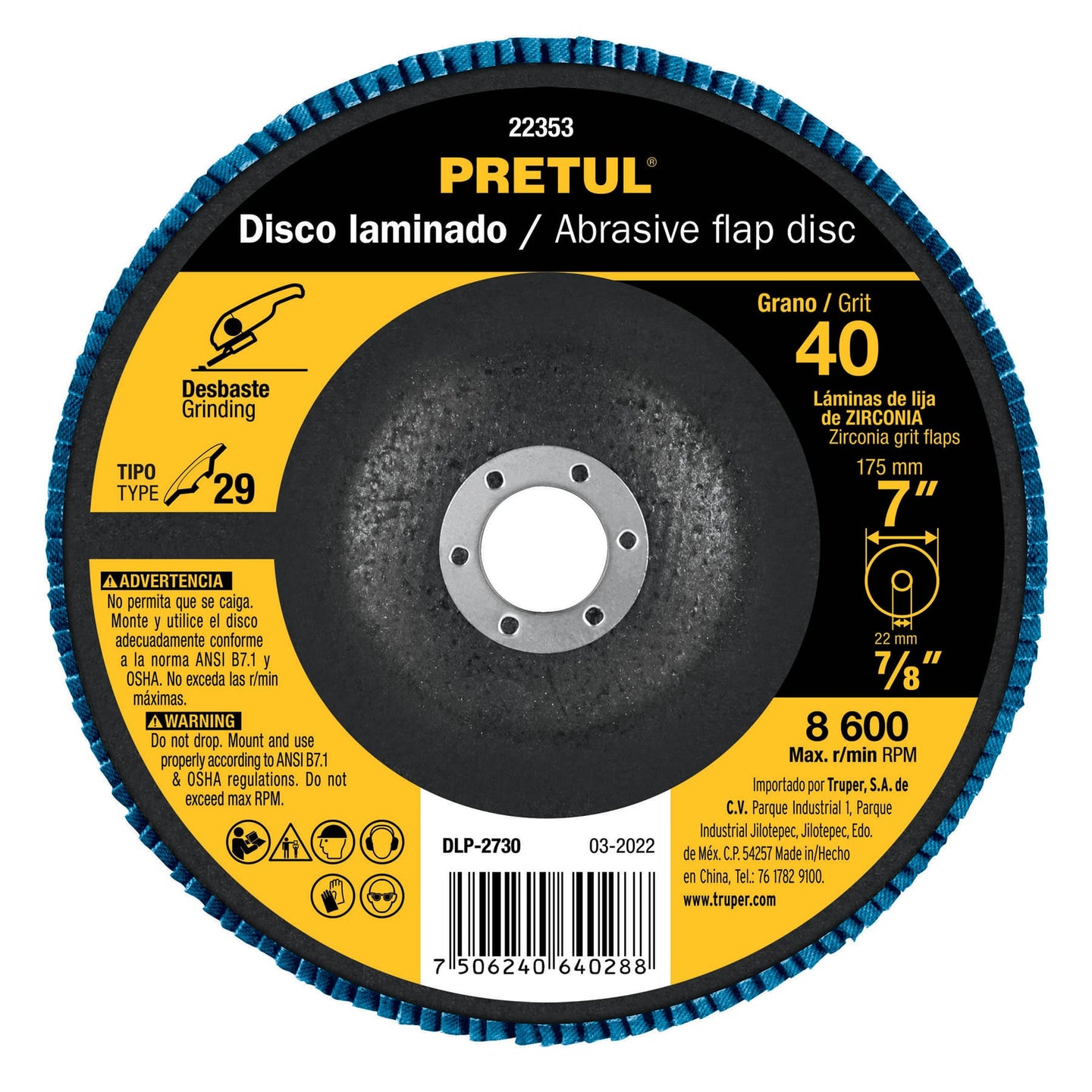 DLP-2730 Disco laminado 7", grano 40 centro 7/8", fibra, PRETUL