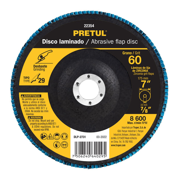 DLP-2731 Disco laminado 7", grano 60 centro 7/8", fibra, PRETUL