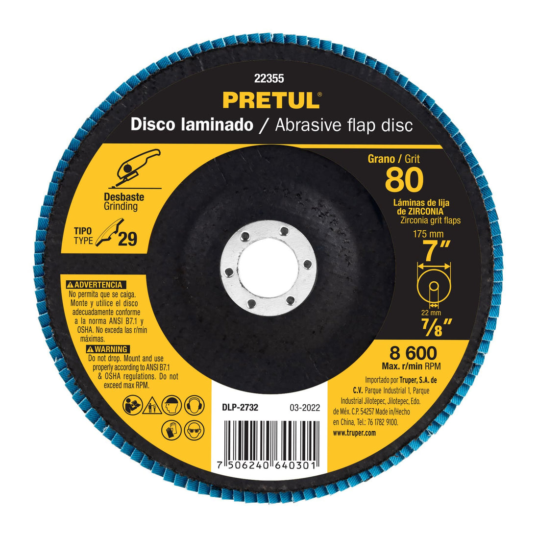 DLP-2732 Disco laminado 7", grano 80 centro 7/8", fibra, PRETUL