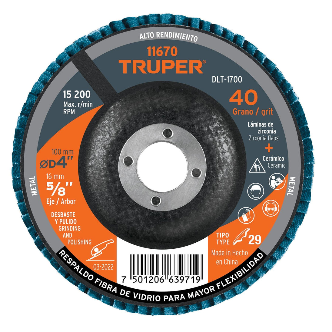DLT-1700 Disco laminado 4", grano 40 centro 5/8", fibra, TRUPER