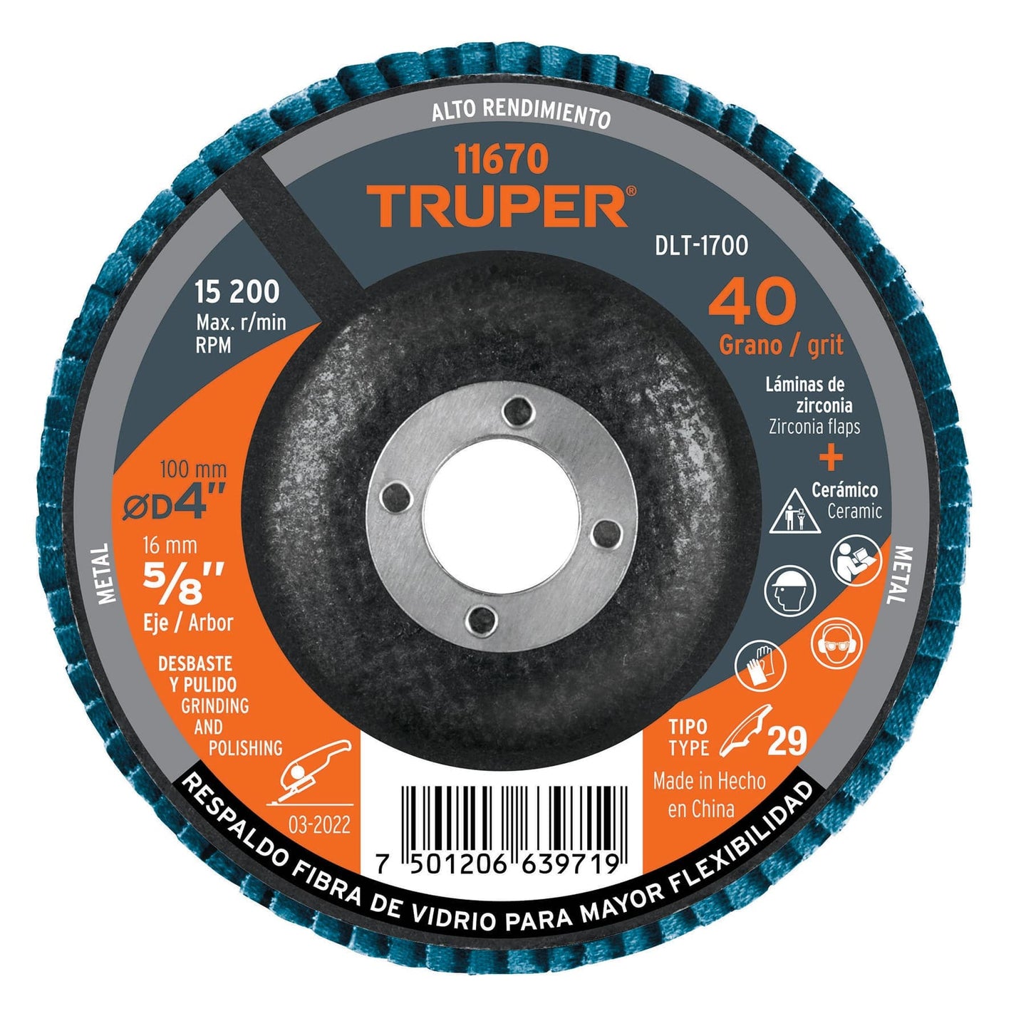 DLT-1700 Disco laminado 4", grano 40 centro 5/8", fibra, TRUPER