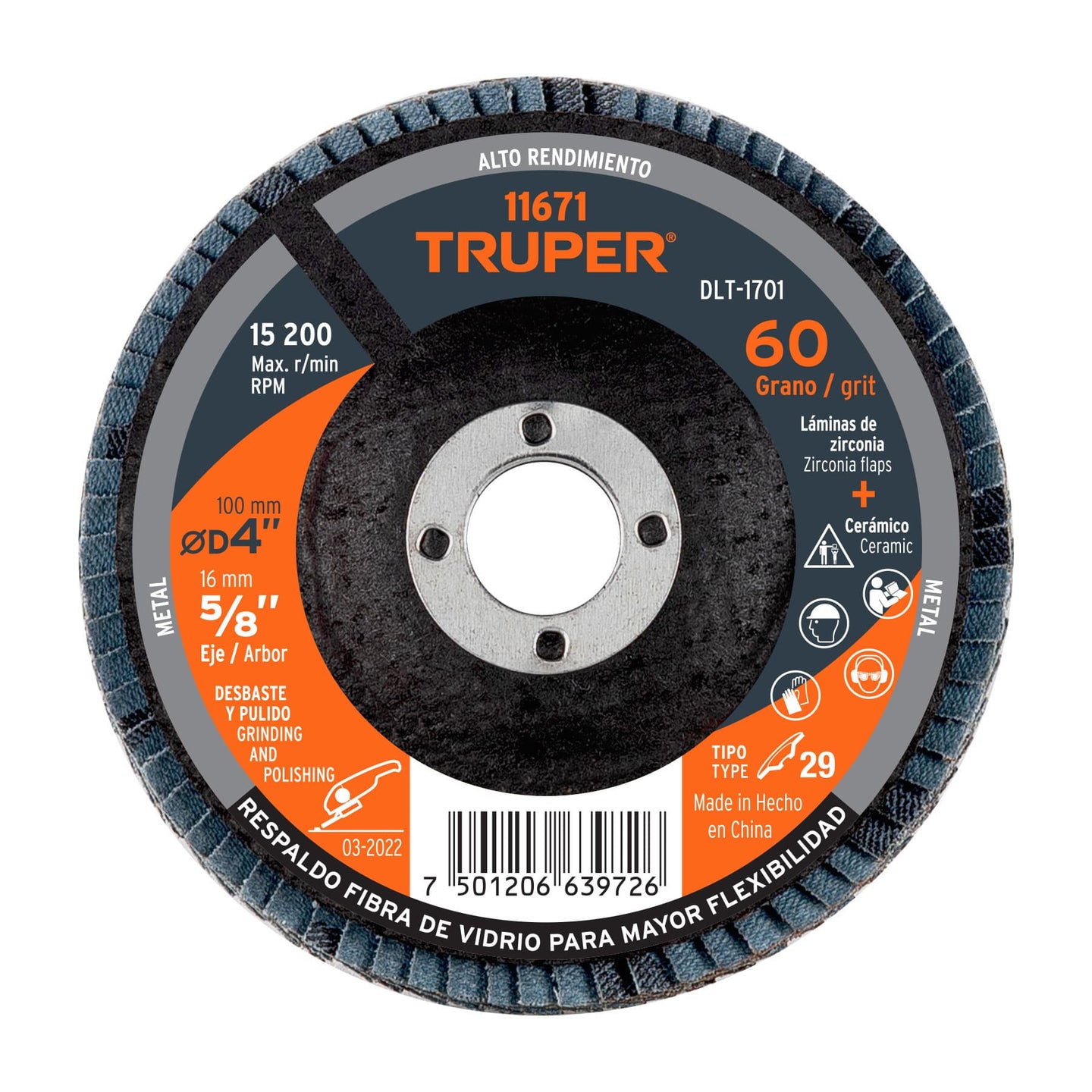 DLT-1701 Disco laminado 4", grano 60 centro 5/8", fibra, TRUPER