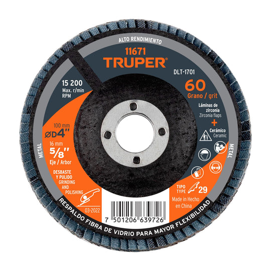 DLT-1701 Disco laminado 4", grano 60 centro 5/8", fibra, TRUPER
