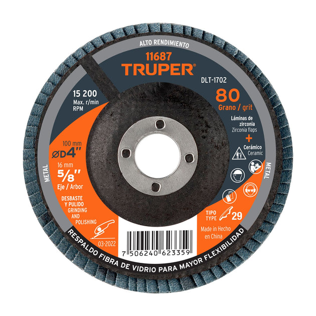 DLT-1702 Disco laminado 4", grano 80 centro 5/8", fibra, TRUPER