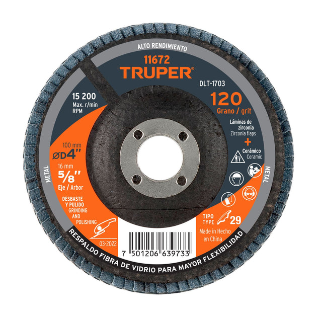 DLT-1703 Disco laminado 4", grano 120 centro 5/8", fibra, TRUPER