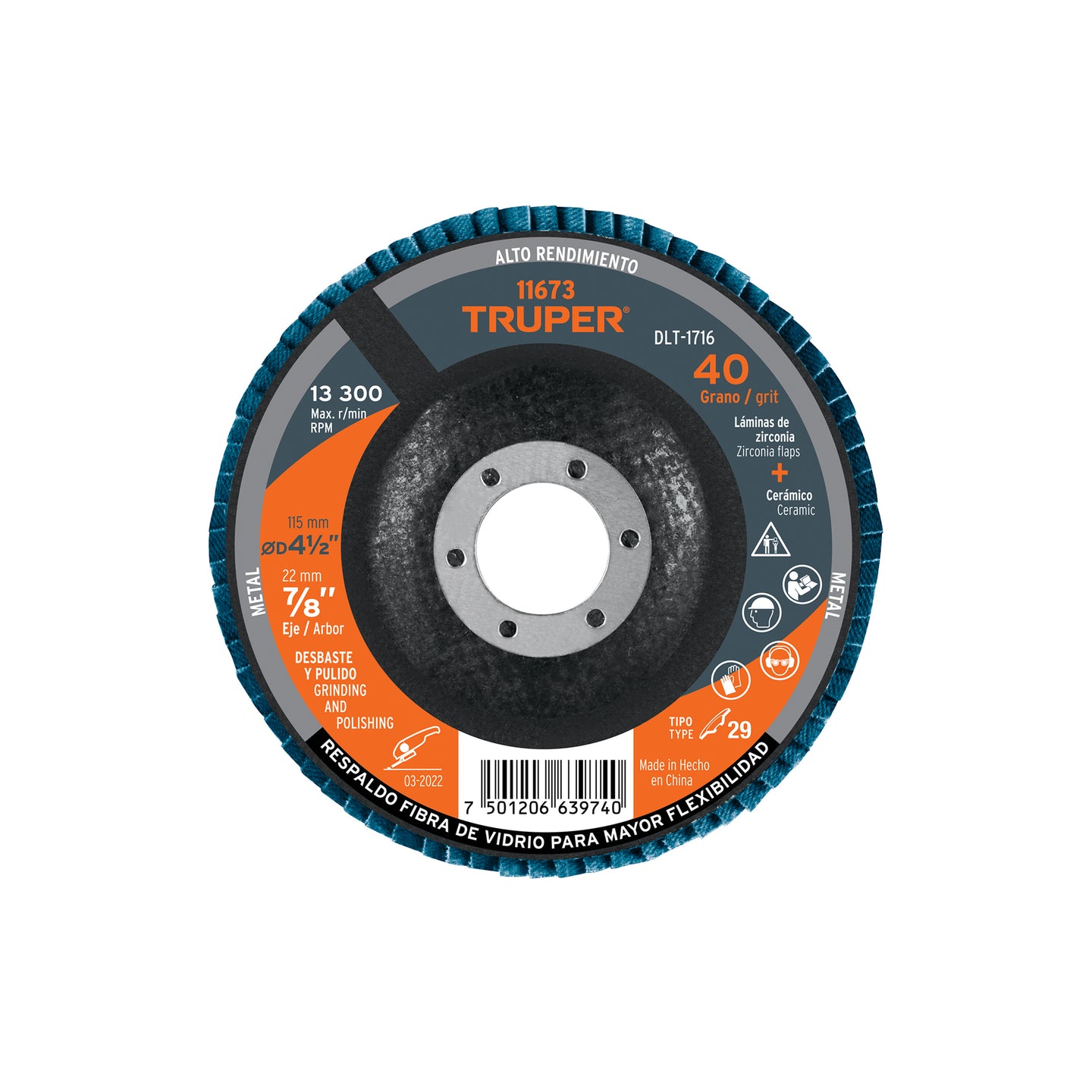 DLT-1716 Disco laminado 4-1/2", grano 40 centro 7/8", fibra, TRUPER