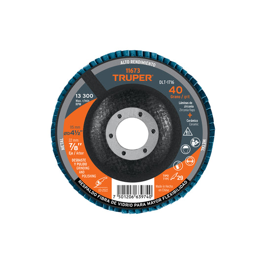 DLT-1716 Disco laminado 4-1/2", grano 40 centro 7/8", fibra, TRUPER