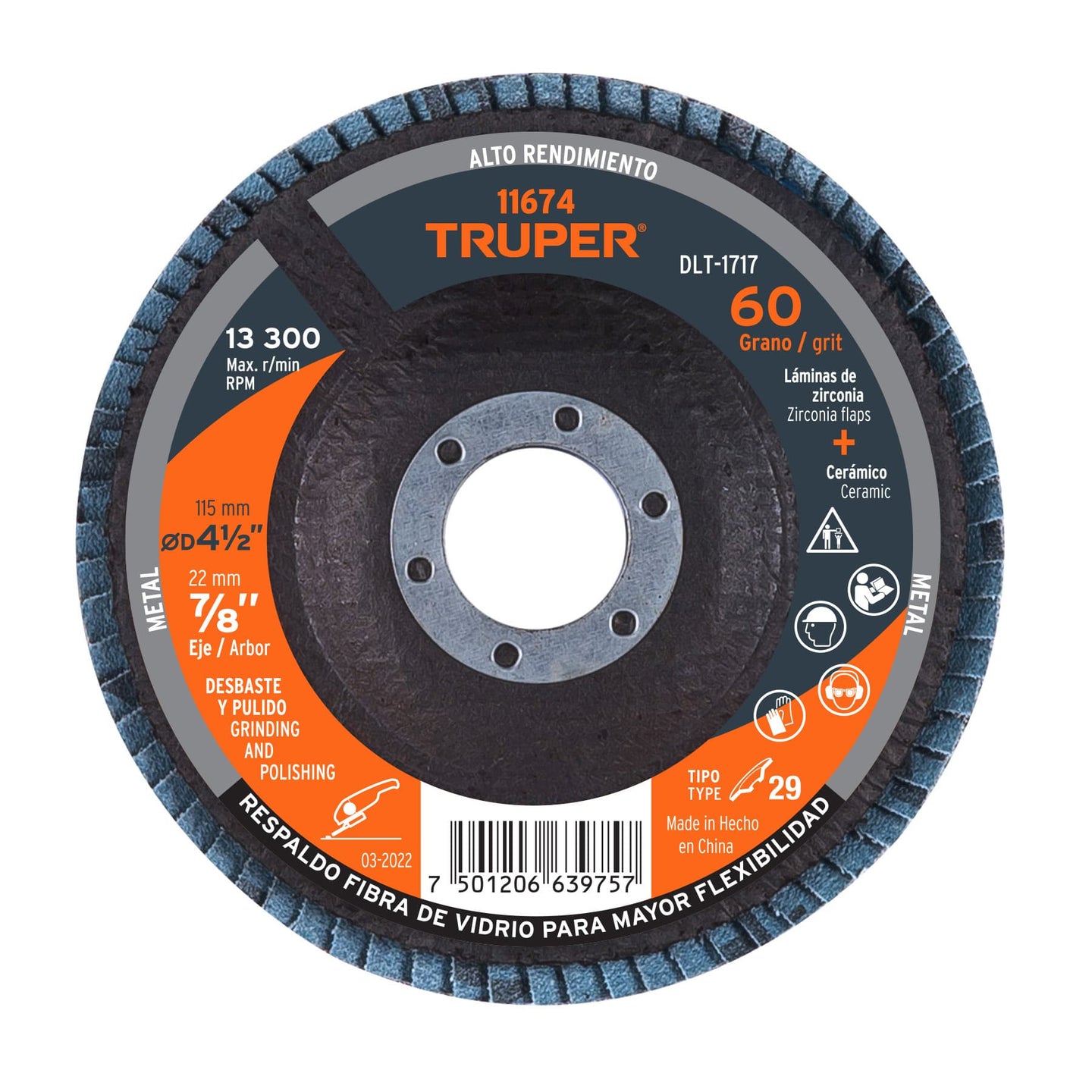 DLT-1717 Disco laminado 4-1/2", grano 60 centro 7/8", fibra, TRUPER
