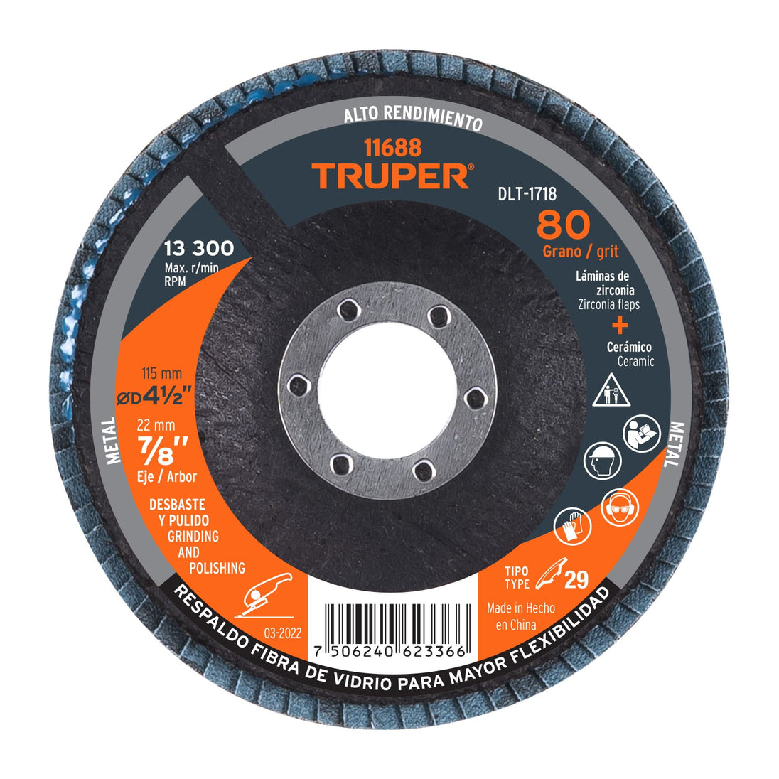 DLT-1718 Disco laminado 4-1/2", grano 80 centro 7/8", fibra, TRUPER