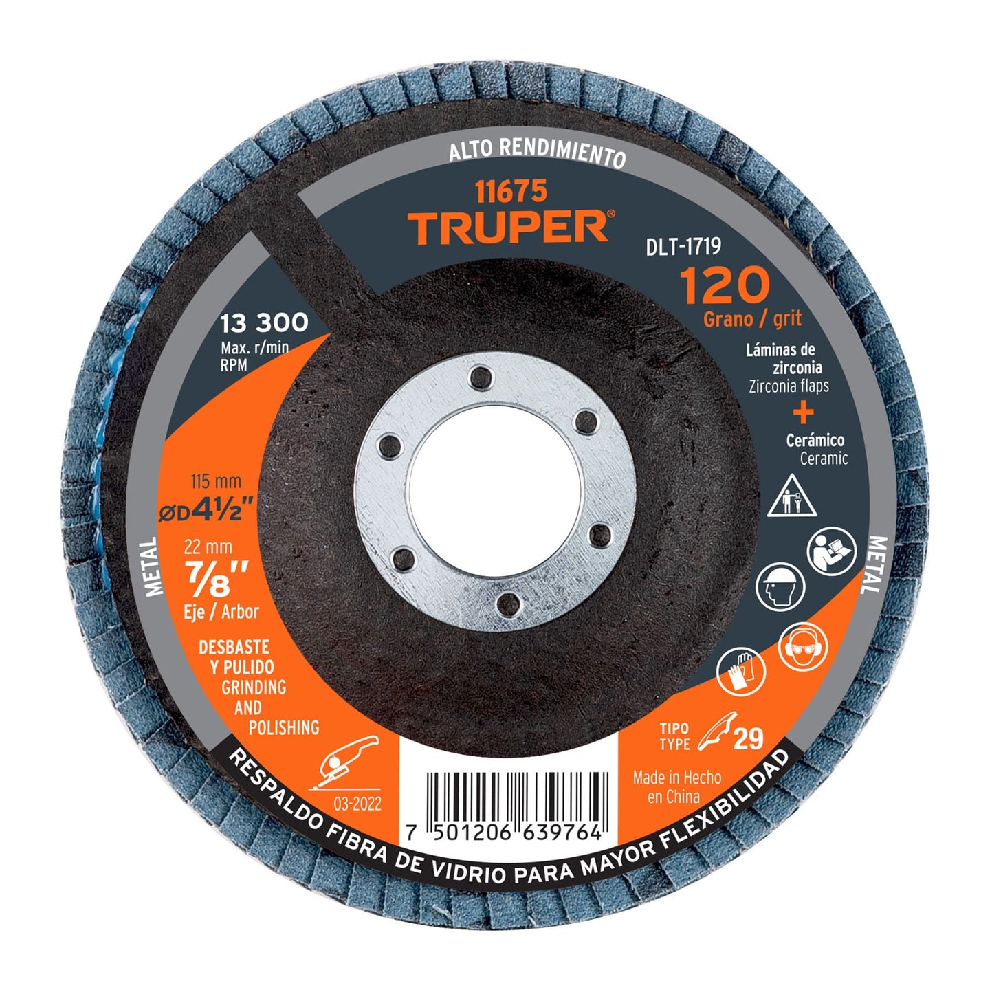 DLT-1719 Disco laminado 4-1/2", grano 120 centro 7/8", fibra, TRUPER