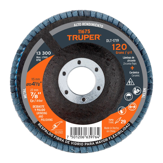 DLT-1719 Disco laminado 4-1/2", grano 120 centro 7/8", fibra, TRUPER