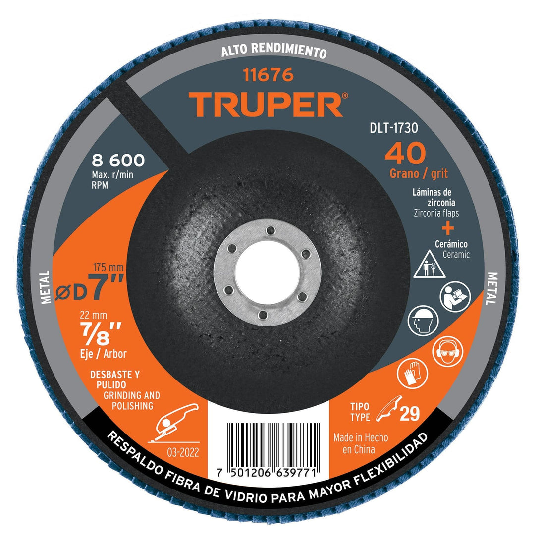 DLT-1730 Disco laminado 7", grano 40 centro 7/8", fibra, TRUPER