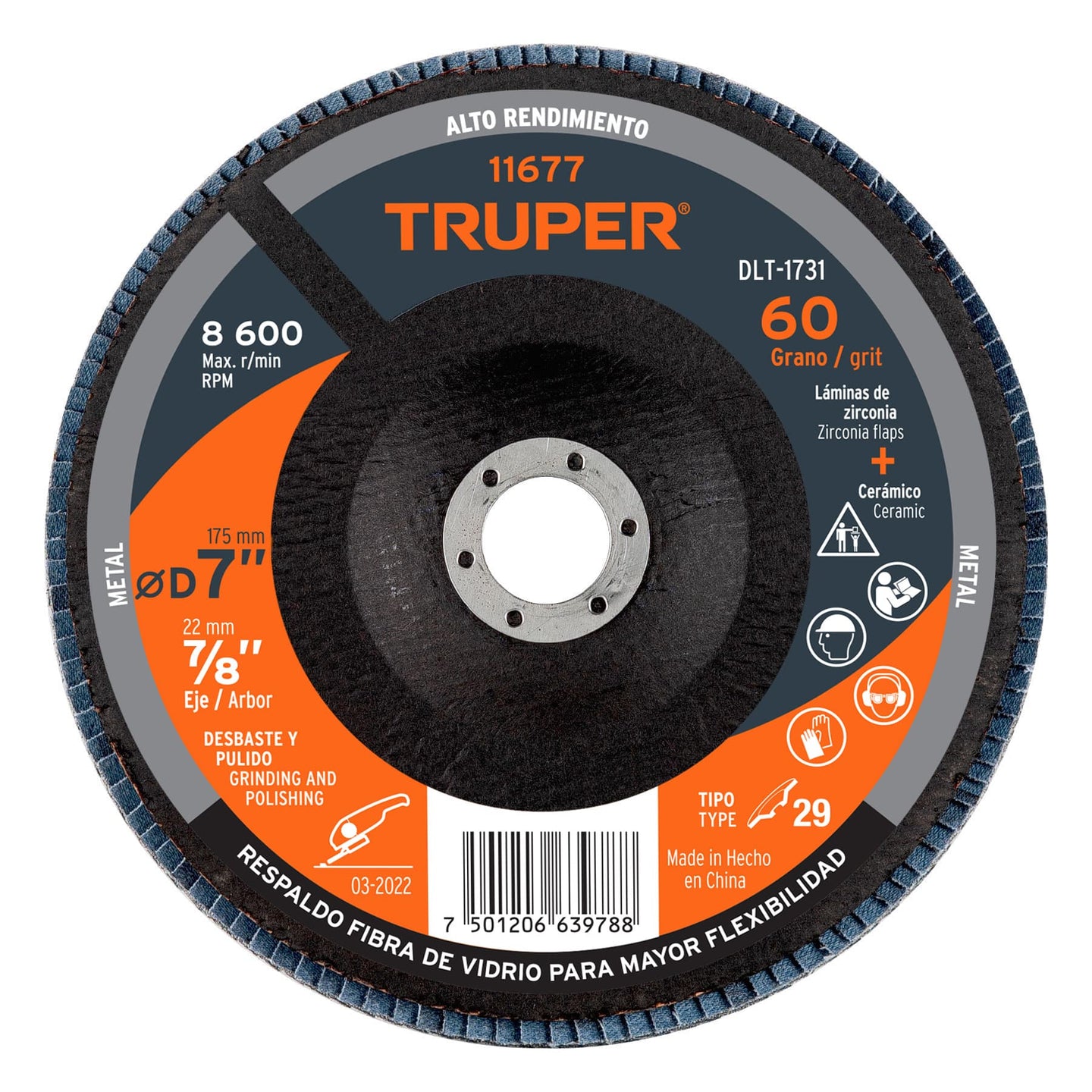 DLT-1731 Disco laminado 7", grano 60 centro 7/8", fibra, TRUPER