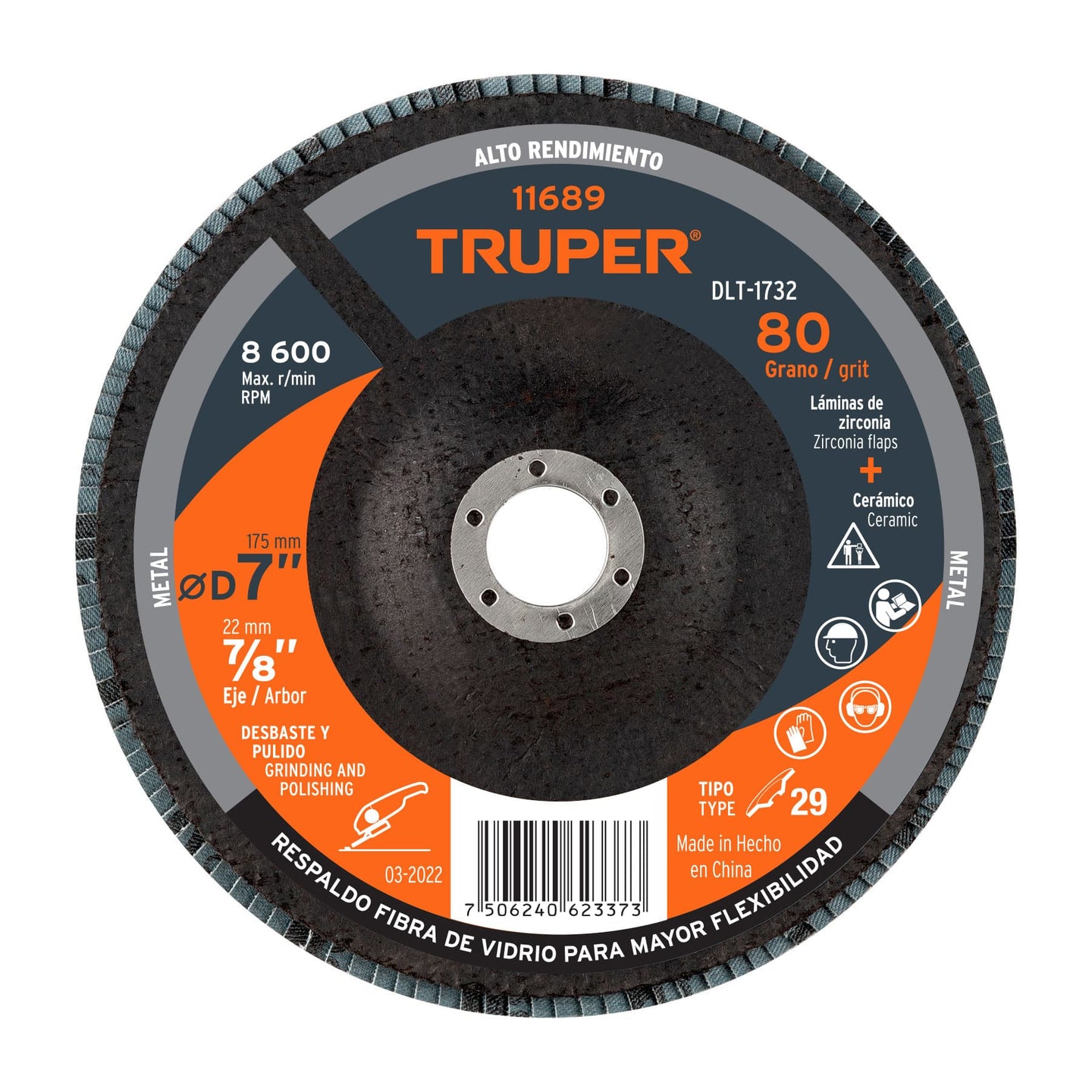 DLT-1732 Disco laminado 7", grano 80 centro 7/8", fibra, TRUPER