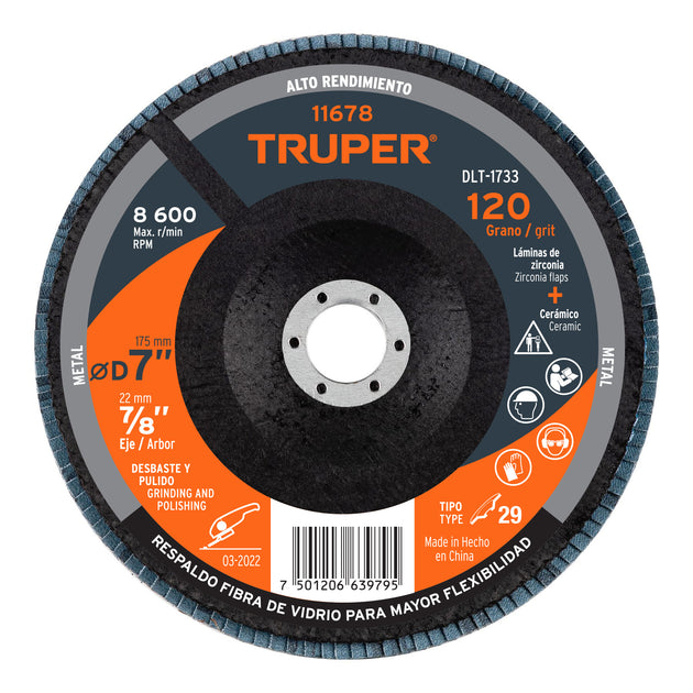 DLT-1733 Disco laminado 7", grano 120 centro 7/8", fibra, TRUPER