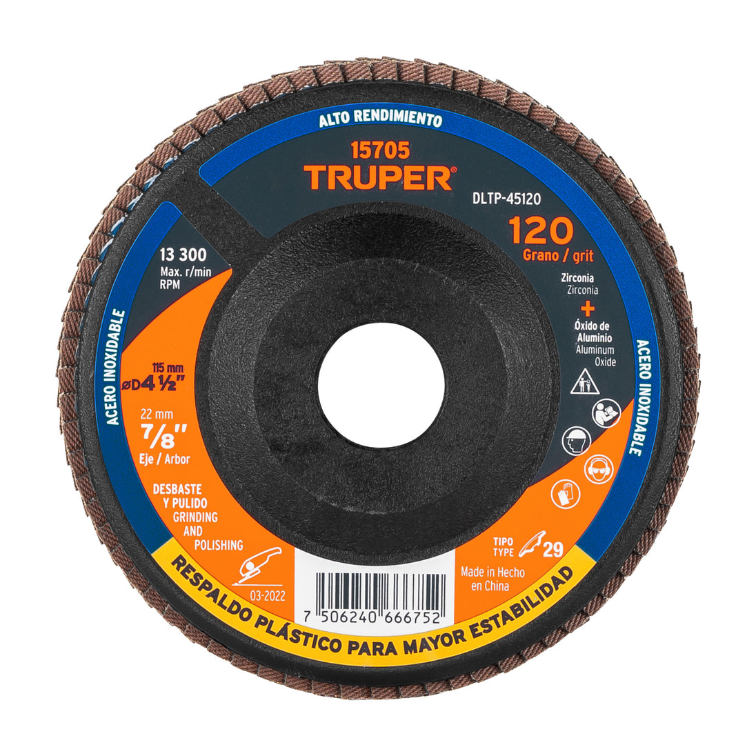 DLTP-45120 Disco laminado 4-1/2" grano 120 centro 7/8", plástico,TRUPER