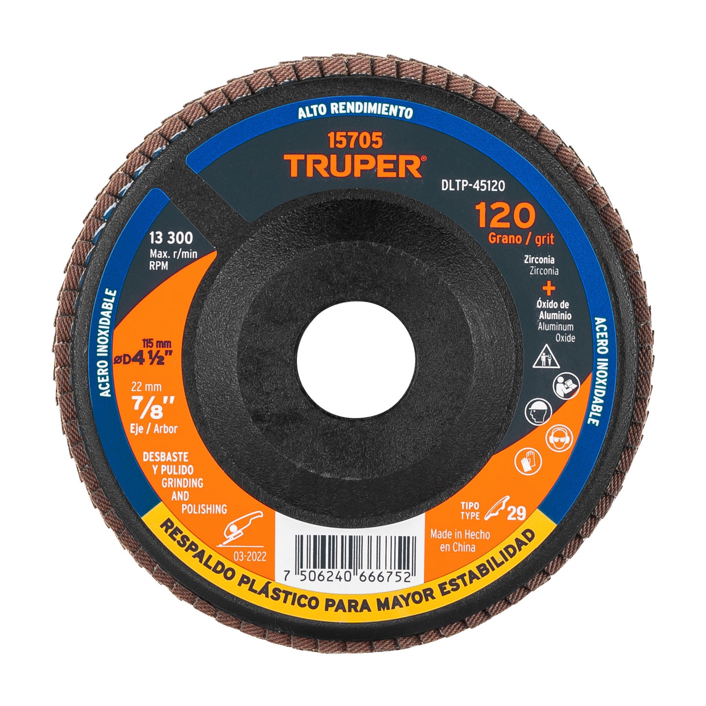 DLTP-45120 Disco laminado 4-1/2" grano 120 centro 7/8", plástico,TRUPER