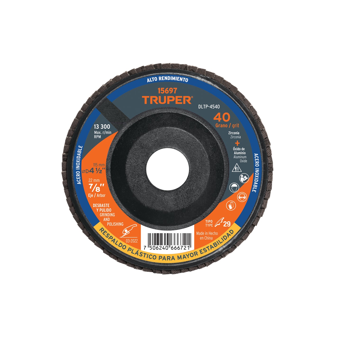 DLTP-4540 Disco laminado 4-1/2" grano 40 centro 7/8", plástico, TRUPER