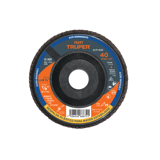 DLTP-4540 Disco laminado 4-1/2" grano 40 centro 7/8", plástico, TRUPER