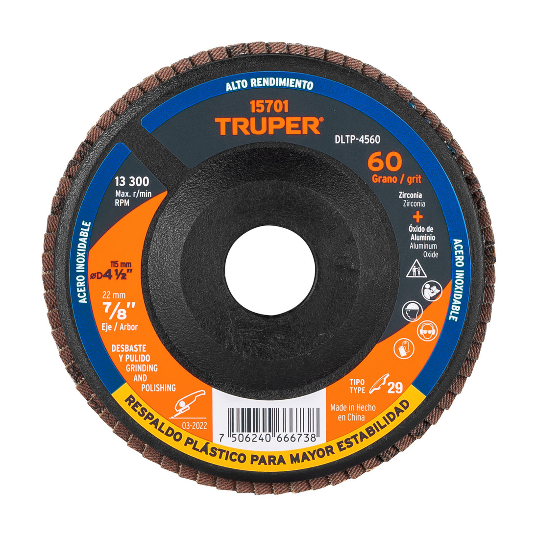 DLTP-4560 Disco laminado 4-1/2" grano 60 centro 7/8", plástico, TRUPER