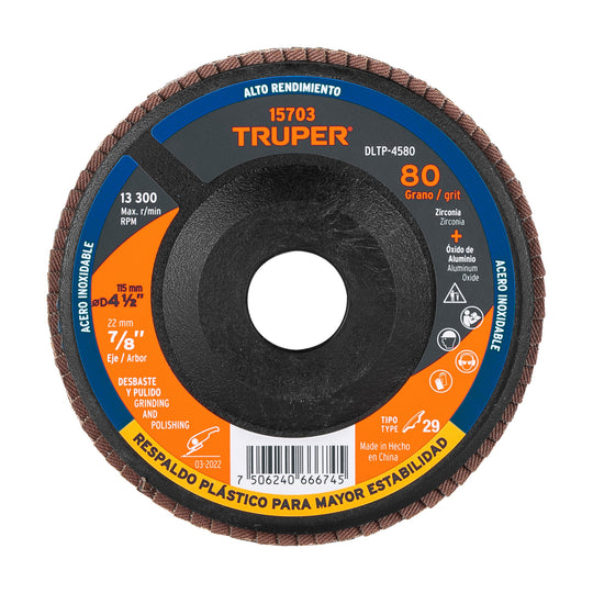 DLTP-4580 Disco laminado 4-1/2" grano 80 centro 7/8", plástico, TRUPER