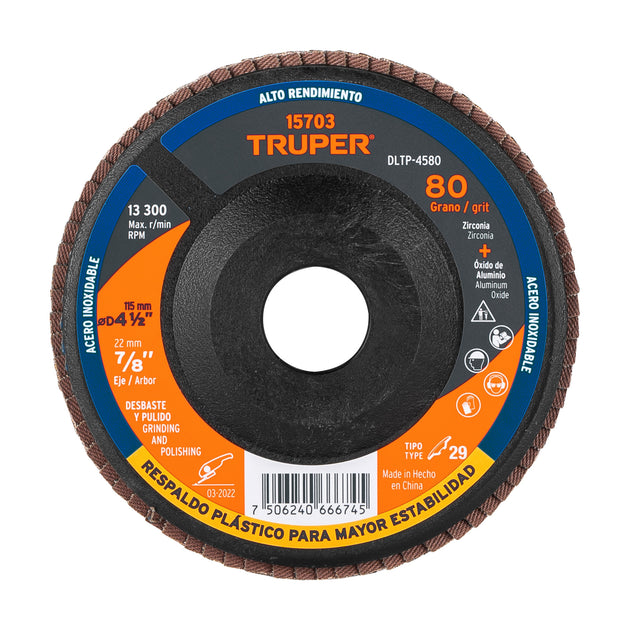 DLTP-4580 Disco laminado 4-1/2" grano 80 centro 7/8", plástico, TRUPER