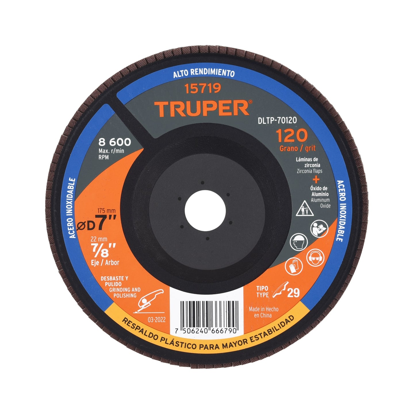 DLTP-70120 Disco laminado 7" grano 120 centro 7/8", plástico, TRUPER