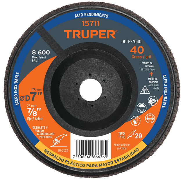 DLTP-7040 Disco laminado 7" grano 40 centro 7/8", plástico, TRUPER