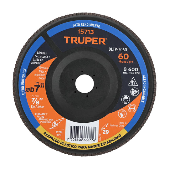 DLTP-7060 Disco laminado 7" grano 60 centro 7/8", plástico, TRUPER