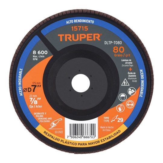 DLTP-7080 Disco laminado 7" grano 80 centro 7/8", plástico, TRUPER