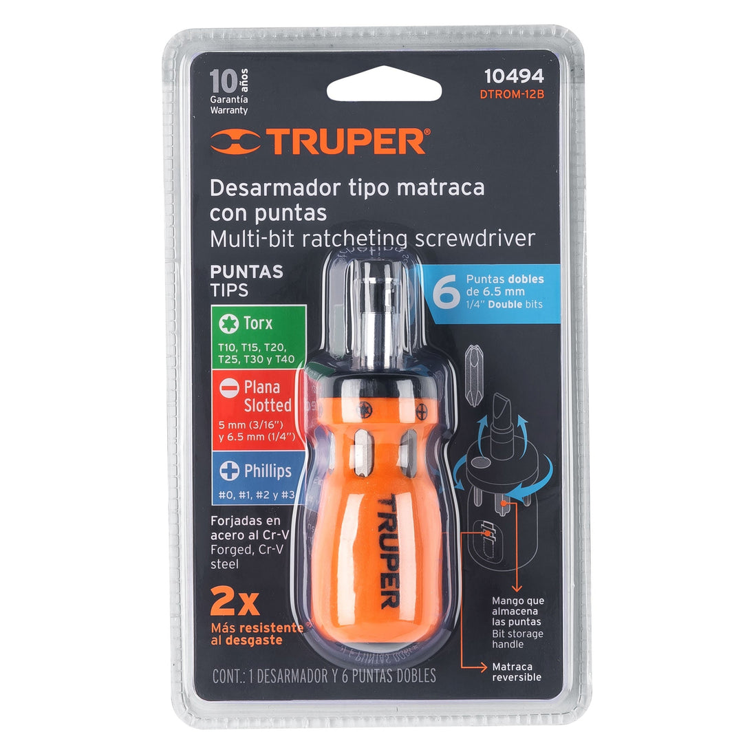 DTROM-12B Desarmador tipo trompo con matraca, 6 puntas dobles, blíster