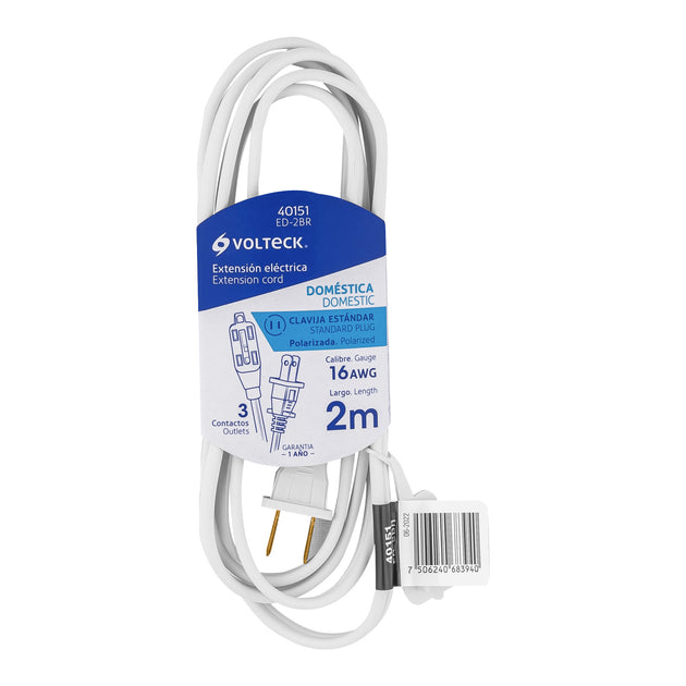 ED-2BR Extensión eléctrica doméstica 2 m clavija recta, blanca