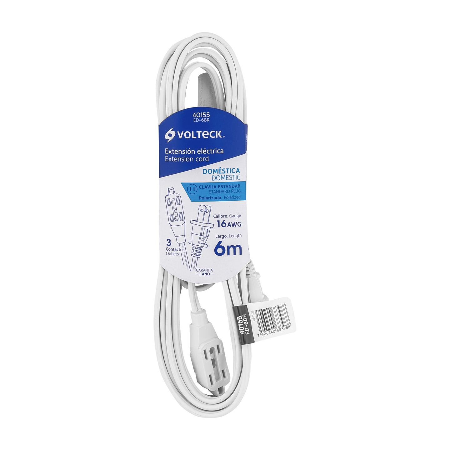 ED-6BR Extensión eléctrica doméstica 6 m clavija recta, blanca