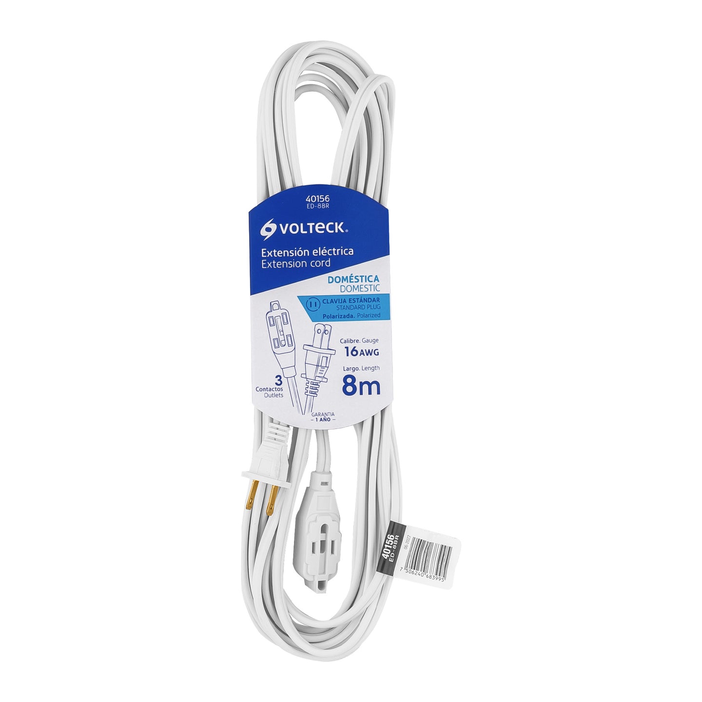 ED-8BR Extensión eléctrica doméstica 8 m clavija recta, blanca