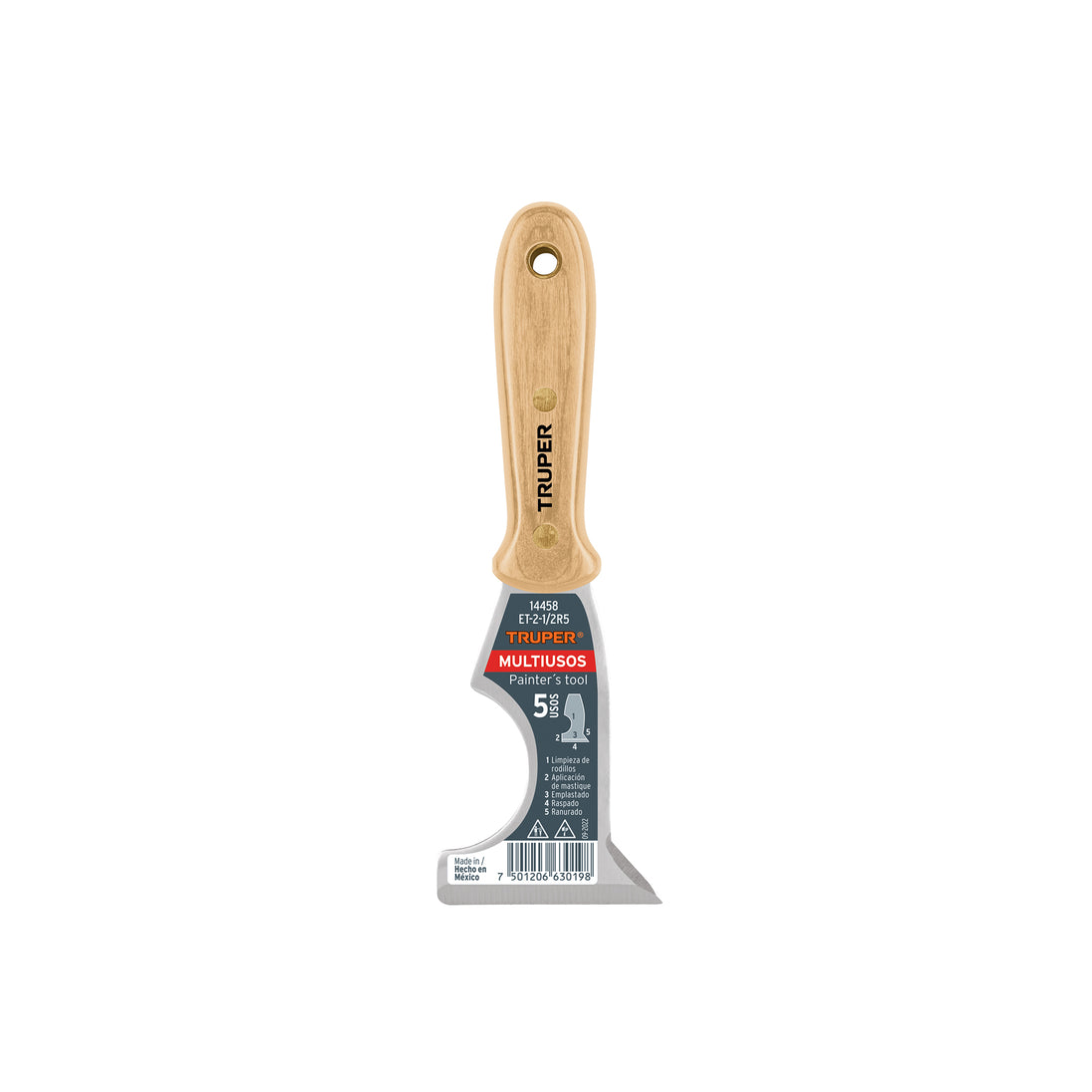 ET-2-1/2R5 Espátula 2-1/2" de 5 usos con mango de madera, Truper