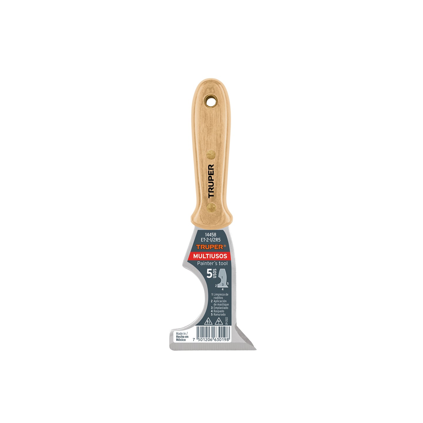 ET-2-1/2R5 Espátula 2-1/2" de 5 usos con mango de madera, Truper
