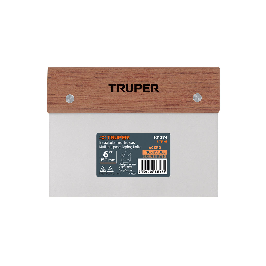 ETR-6 Espátula rectangular 6" x 3" acero inoxidable, mango madera