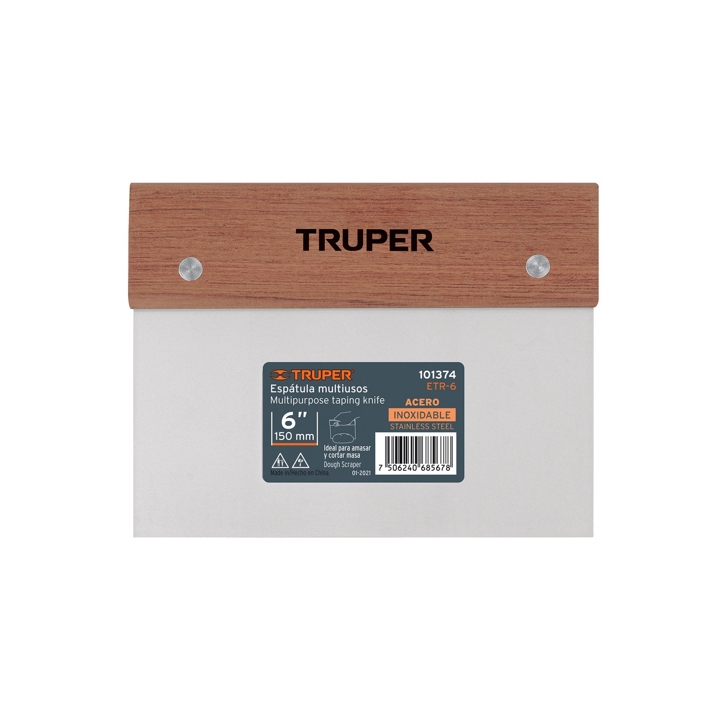 ETR-6 Espátula rectangular 6" x 3" acero inoxidable, mango madera