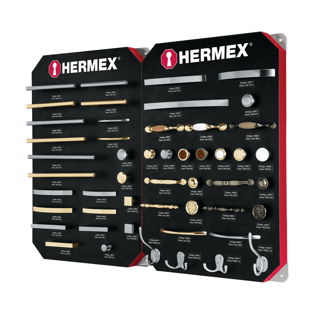 EX-HE-JP2 Exhibidor con jaladeras y perillas, 2 tableros, HERMEX