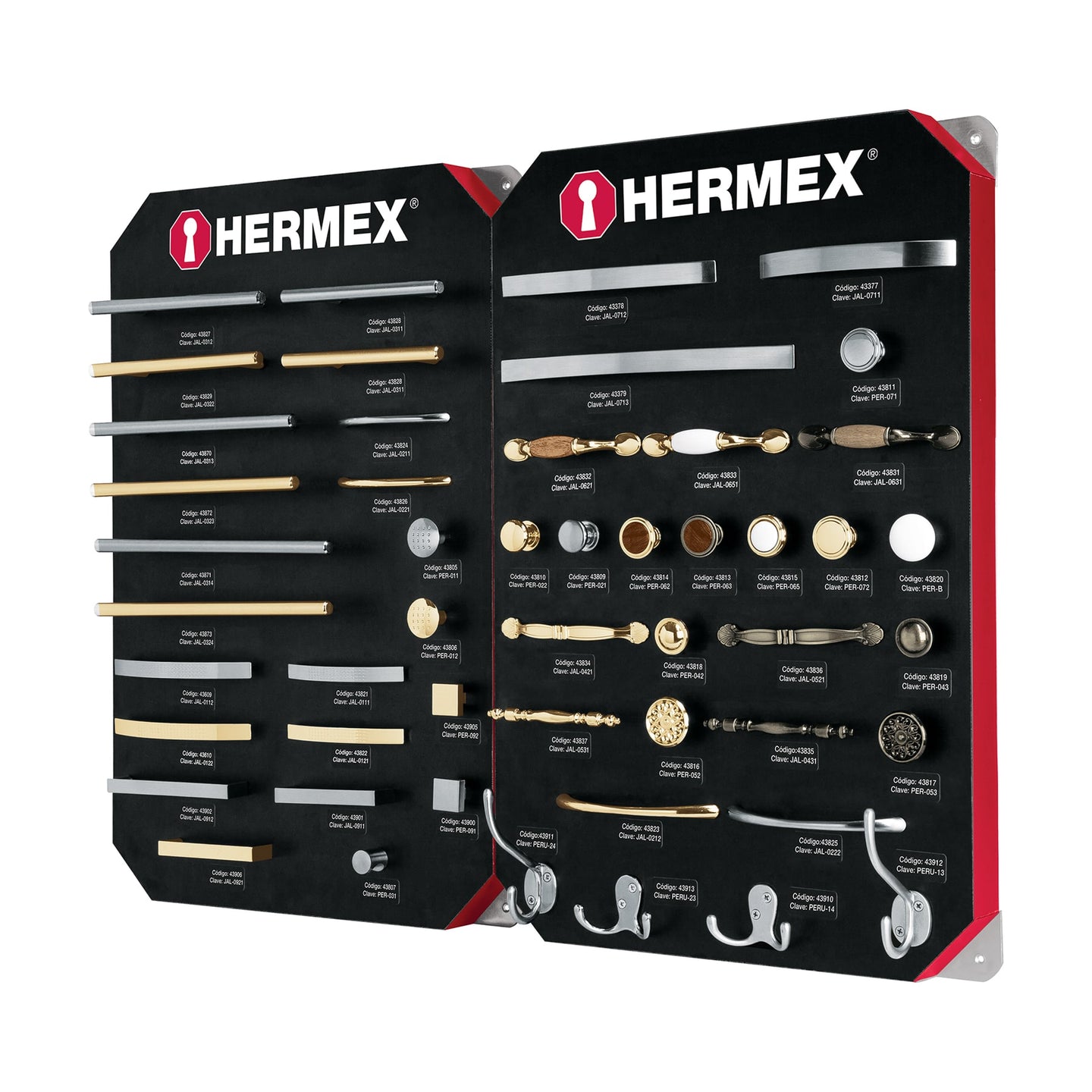 EX-HE-JP2 Exhibidor con jaladeras y perillas, 2 tableros, HERMEX