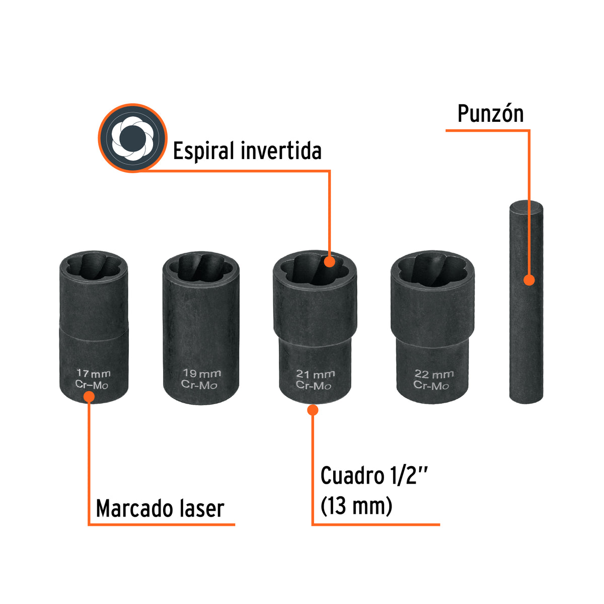 Juego Extractores Truper EXT-4T 4 Pzs 17-22mm | Acero Cr-Mo 50 HRC