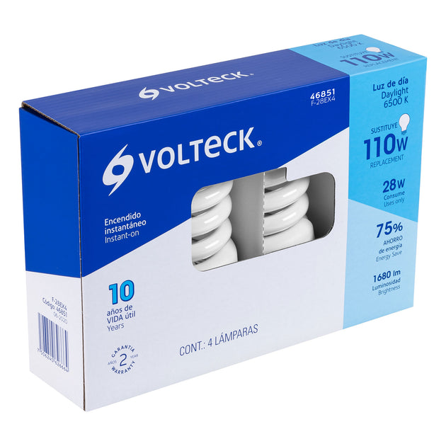 F-28EX4 Pack 4 lámparas espiral T4 28 W luz de día, caja, Volteck