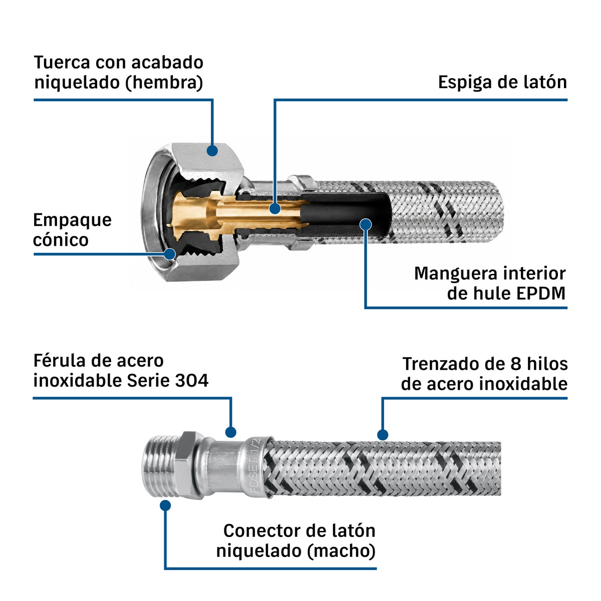 Manguera Flexible Foset 1/2" x 60 cm Acero Inoxidable EPDM FBO-2260XM
