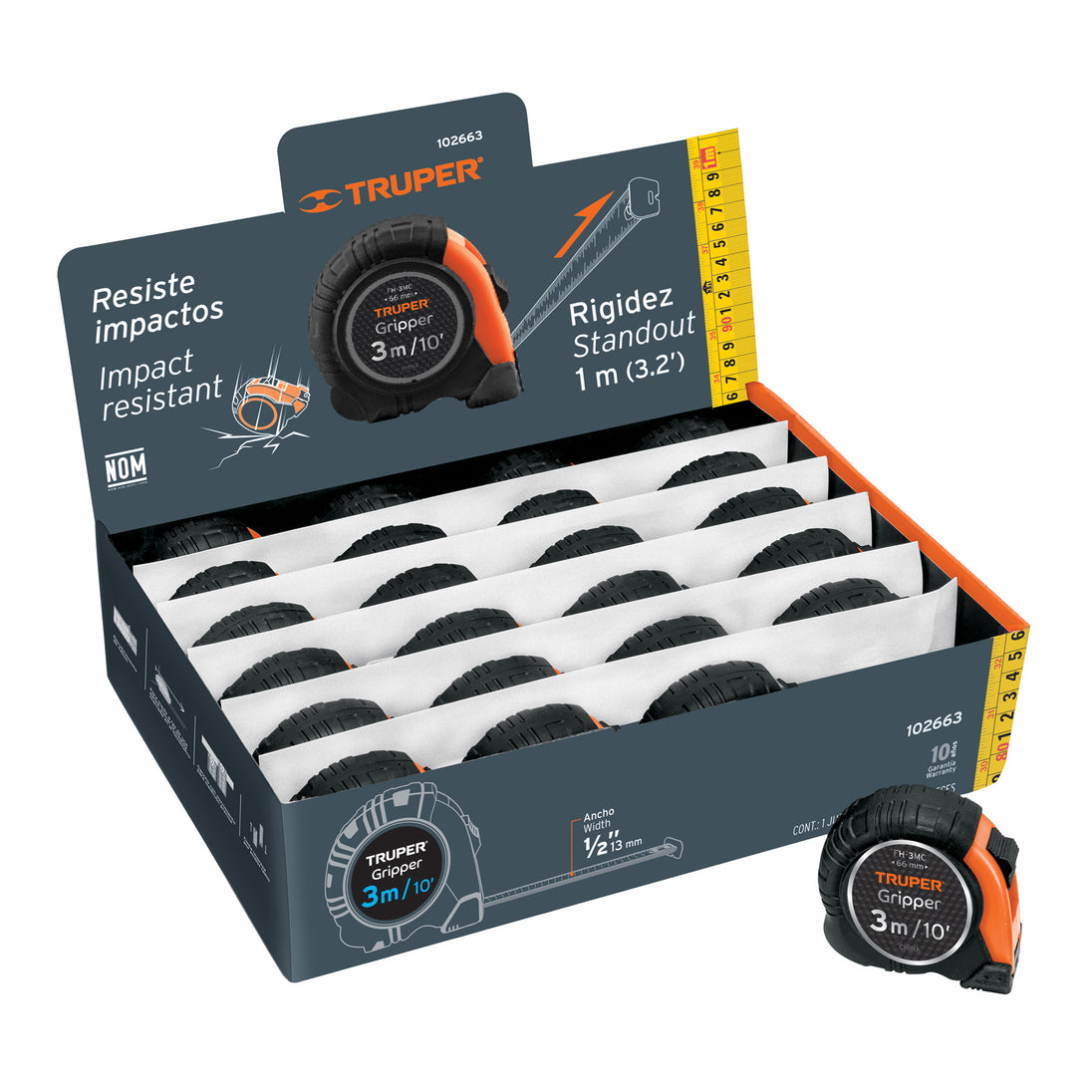 FH-3MC Flexómetro Gripper 3 m cinta 13 mm display box con 24 piezas