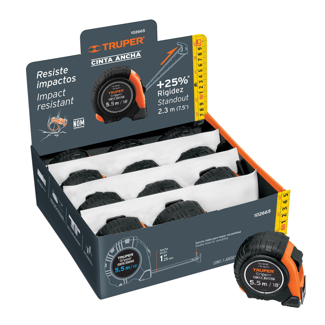 FH-55MC Flexómetro Gripper 5.5m cinta 25mm display box con 12 piezas