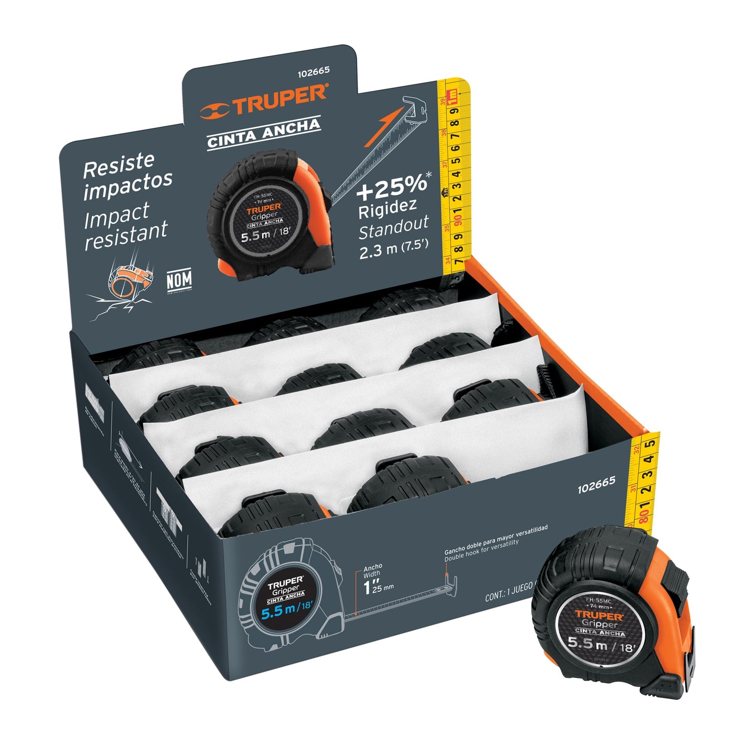 FH-55MC Flexómetro Gripper 5.5m cinta 25mm display box con 12 piezas