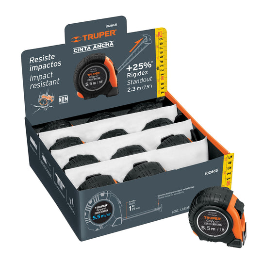 FH-55MC Flexómetro Gripper 5.5m cinta 25mm display box con 12 piezas