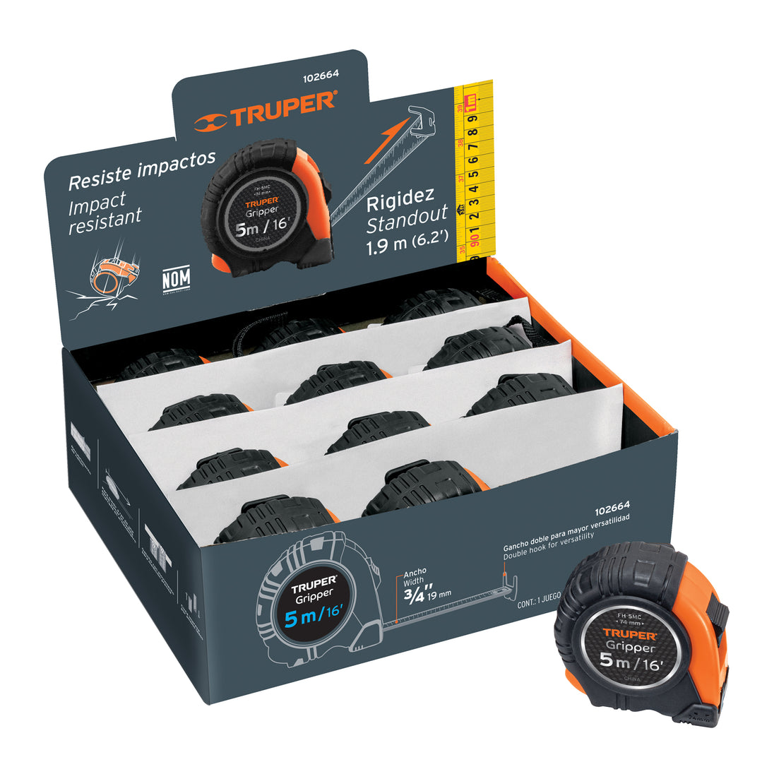 FH-5MC Flexómetro Gripper 5 m cinta 13 mm display box con 12 piezas