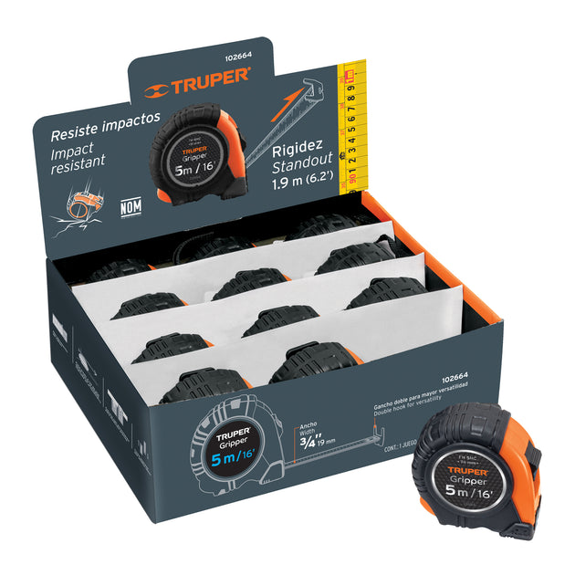 FH-5MC Flexómetro Gripper 5 m cinta 13 mm display box con 12 piezas